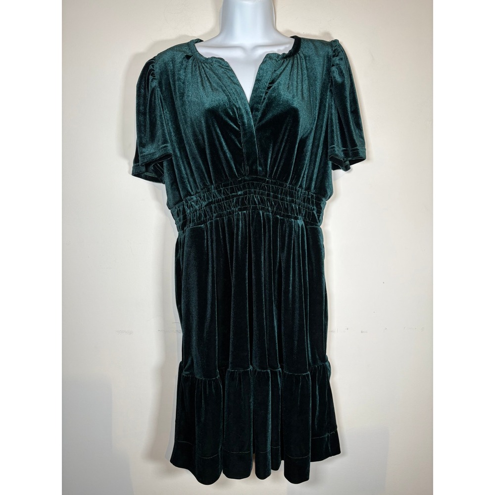 THML Velvet Dress Emerald Green Smocked Waist Tiered Holiday Jewel Party Large